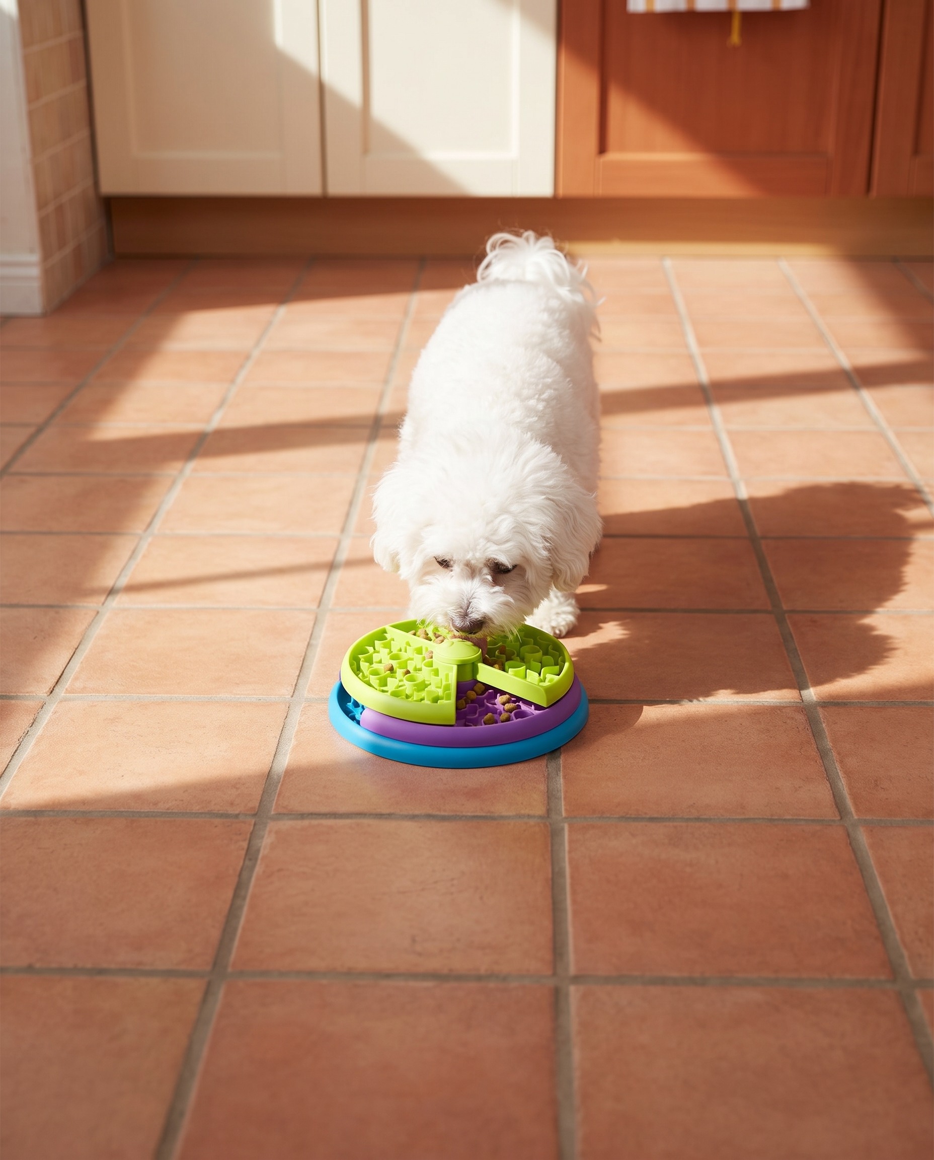 Small white dog eating from the Rennest rotating slow feeder puzzle bowl on a kitchen floor