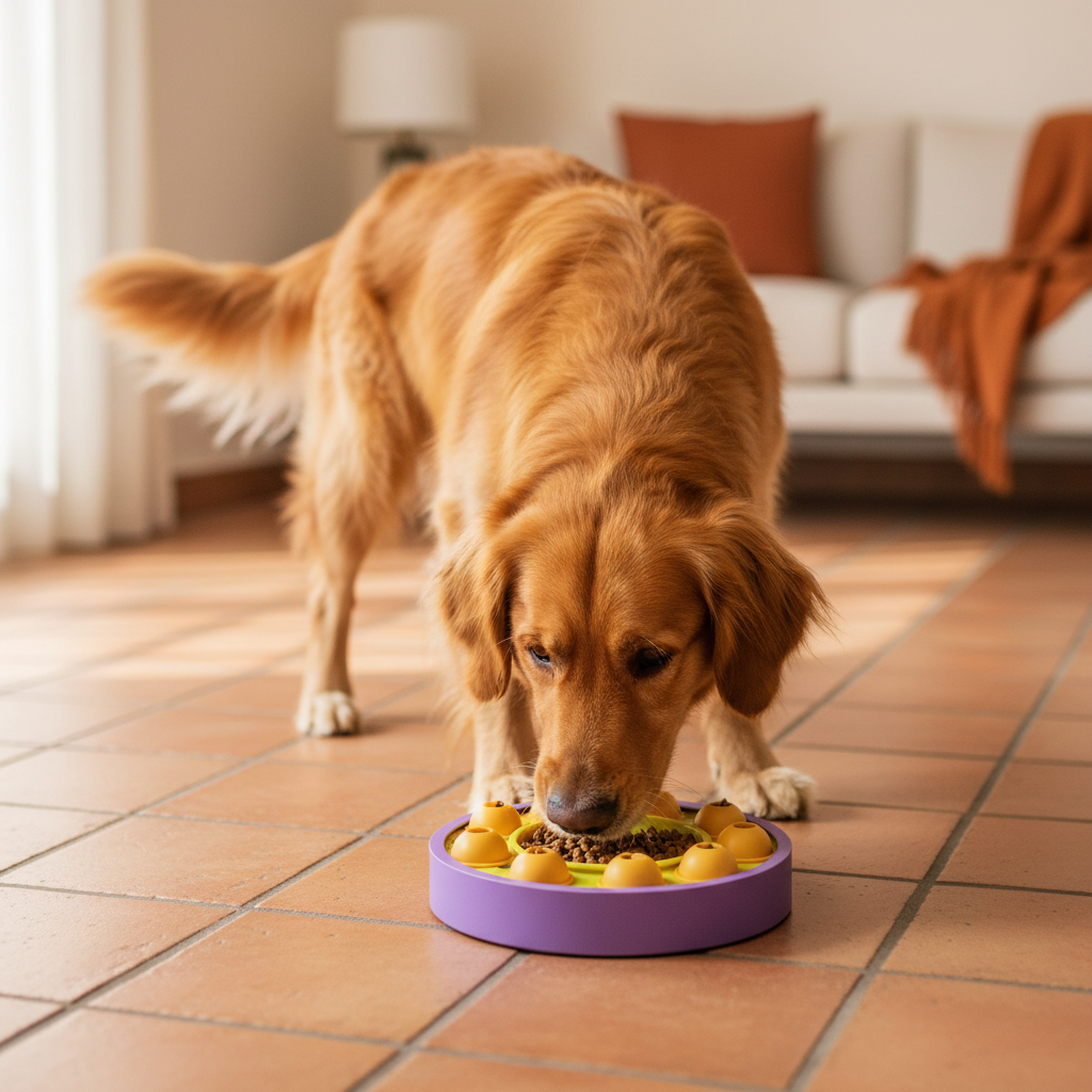 Golden retriever engaged with rotating puzzle feeder toy, premium lifestyle shot
