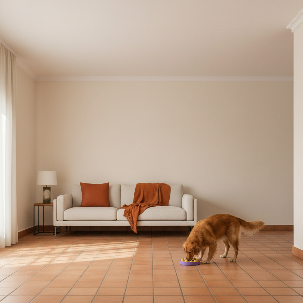 Golden retriever eating from rotating puzzle feeder, wide pulled-back shot in spacious living room with terracotta floor and burnt-orange throw
